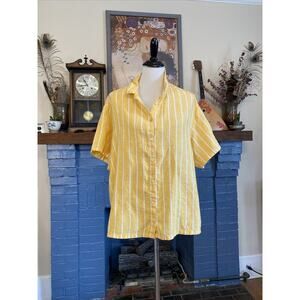 C & C California Top Womens XL 100% LINEN Off Yellow Stripe Button Up Shirt